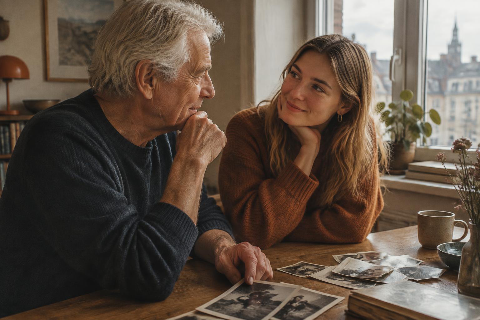 A grandfather sharing family photographs and stories with his granddaughter