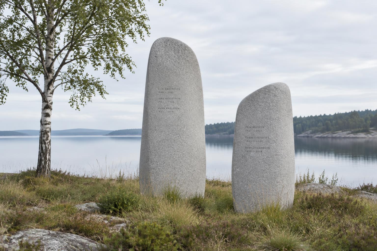 Contemporary sculptural granite memorials by a quiet Scandinavian lake